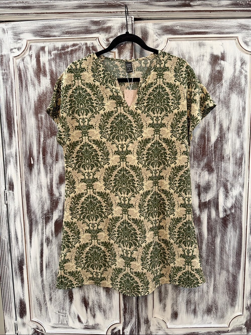 Unbranded Green Damask V-Neck Short Sleeve Tunic